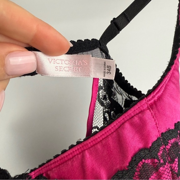 Victoria’s Secret Women’s 34B Silk Lace Babydoll Lingerie – Black & Fuchsia - Picture 2 of 6